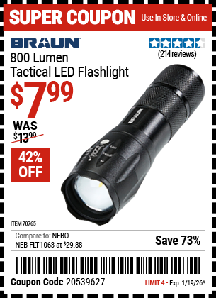 www.hfqpdb.com - BRAUN 800 LUMEN TACTICAL LED FLASHLIGHT Lot No. 70765