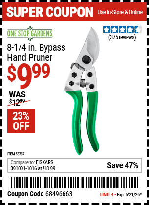 www.hfqpdb.com - ONE STOP GARDENS 8-1/4 IN. BYPASS HAND PRUNER Lot No. 58787