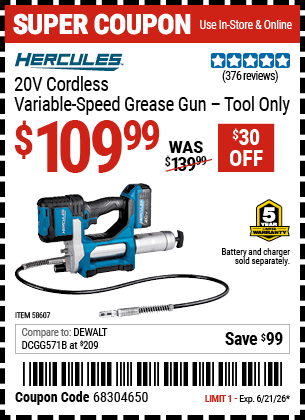 www.hfqpdb.com - HERCULES 20V CORDLESS VARIABLE-SPEED GREASE GUN - TOOL ONLY Lot No. 58607