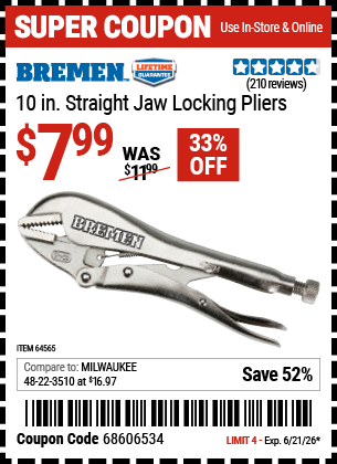 www.hfqpdb.com - BREMEN 10 IN. STRAIGHT JAW LOCKING PLIERS Lot No. 64565