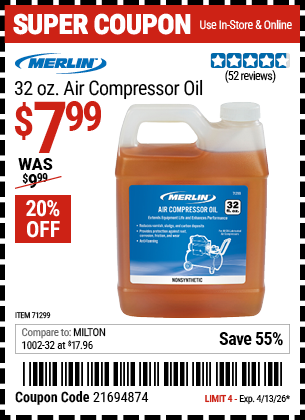 www.hfqpdb.com - MERLIN 32 OZ. AIR COMPRESSOR OIL Lot No. 71299