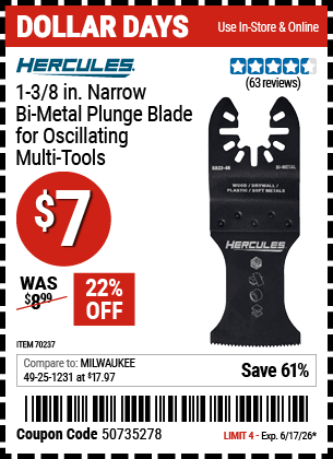 www.hfqpdb.com - HERCULES 1-3/8 IN. NARROW BI-METAL PLUNGE BLADE FOR OSCILLATING MULTI-TOOLS Lot No. 70237