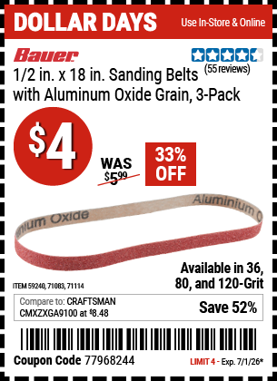 www.hfqpdb.com - BAUER 1/2 IN. X 18 IN. SANDING BELTS WITH ALUMINUM OXIDE GRAIN, 3-PACK Lot No. 59240/71083/71114