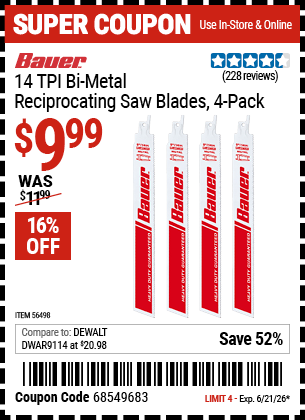 www.hfqpdb.com - BAUER 14 TPI BI-METAL RECIPROCATING SAW BLADES, 4-PACK Lot No. 56498