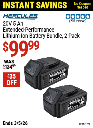 www.hfqpdb.com - HERCULES 20V 5 AH EXTENDED-PERFORMANCE LITHIUM-ION BATTERY BUNDLE, 2-PACK Lot No. 71271