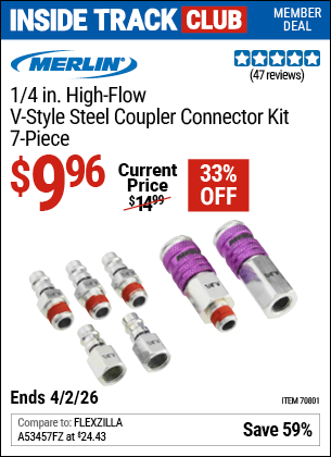 www.hfqpdb.com - MERLIN 1/4 IN. HIGH-FLOW V-STYLE STEEL COUPLER CONNECTOR KIT, 7-PIECE Lot No. 70801
