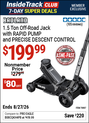 Harbor Freight BADLAND 1.5 TON OFF-ROAD JACK WITH RAPID PUMP AND PRECISE DESCENT CONTROL coupon