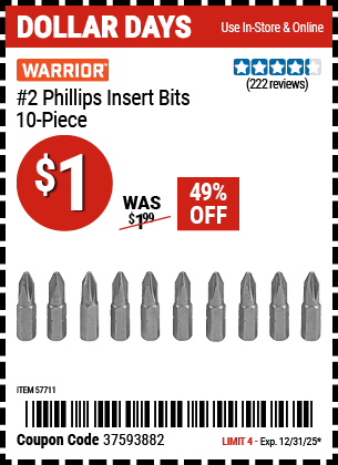 www.hfqpdb.com - WARRIOR #2 PHILLIPS INSERT BITS, 10-PIECE Lot No. 57711