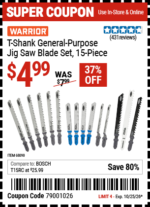 www.hfqpdb.com - WARRIOR T-SHANK GENERAL-PURPOSE JIG SAW BLADE SET, 15-PIECE Lot No. 68090