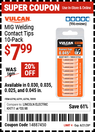 www.hfqpdb.com - VULCAN MIG WELDING CONTACT TIPS, 10-PACK Lot No. 63791/63796/63790/70999
