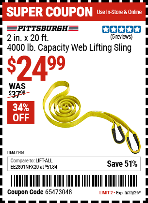 Harbor Freight PITTSBURGH 4000 LB. CAPACITY, 2 IN. X 20 FT. WEB LIFTING SLING coupon