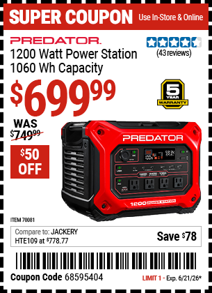 www.hfqpdb.com - PREDATOR 1200 WATT POWER STATION, 1060 WH CAPACITY Lot No. 70081