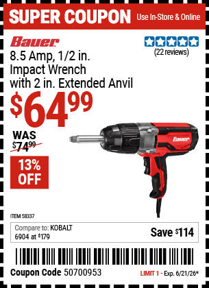 www.hfqpdb.com - BAUER 8.5 AMP, 1/2 IN. IMPACT WRENCH WITH 2 IN. EXTENDED ANVIL Lot No. 58337