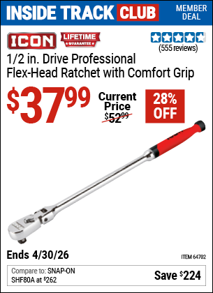 www.hfqpdb.com - ICON 1/2 IN. DRIVE PROFESSIONAL FLEX-HEAD RATCHET WITH COMFORT GRIP Lot No. 64702