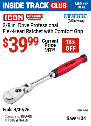 www.hfqpdb.com - ICON 3/8 IN. DRIVE PROFESSIONAL FLEX-HEAD RATCHET WITH COMFORT GRIP Lot No. 58592