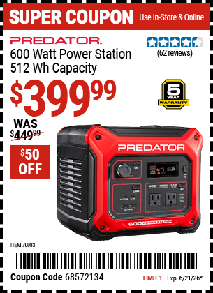 www.hfqpdb.com - PREDATOR 600 WATT POWER STATION, 512 WH CAPACITY Lot No. 70083