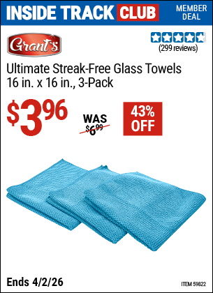 Harbor Freight GRANT'S ULTIMATE STREAK-FREE GLASS TOWELS, 16 IN. X 16 IN., 3-PACK coupon