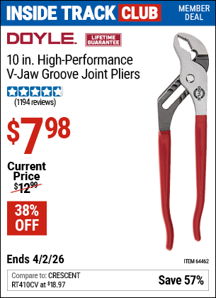 www.hfqpdb.com - DOYLE 10 IN. HIGH-PERFORMANCE V-JAW GROOVE JOINT PLIERS Lot No. 64462