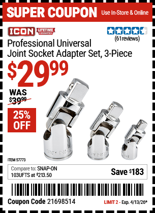www.hfqpdb.com - ICON PROFESSIONAL UNIVERSAL JOINT SOCKET ADAPTER SET, 3-PIECE Lot No. 57773