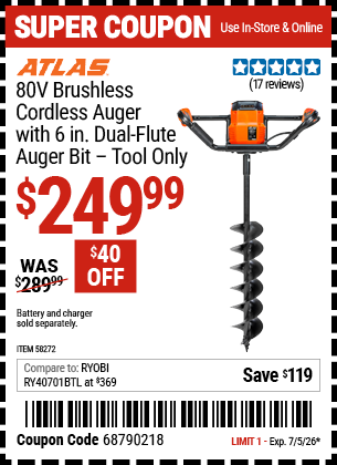 www.hfqpdb.com - ATLAS 80V BRUSHLESS CORDLESS AUGER WITH 6 IN. DUAL-FLUTE AUGER BIT Lot No. 58272