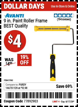 www.hfqpdb.com - AVANTI 9 IN. PAINT ROLLER FRAME &ndash; BEST QUALITY Lot No. 57502