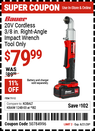 www.hfqpdb.com - BAUER 20V CORDLESS, 3/8 IN. RIGHT-ANGLE IMPACT WRENCH - TOOL ONLY Lot No. 71112