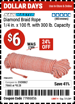 www.hfqpdb.com - HAUL-MASTER DIAMOND BRAID ROPE, 1/4 IN. X 100 FT. WITH 300 LB. CAPACITY Lot No. 64974