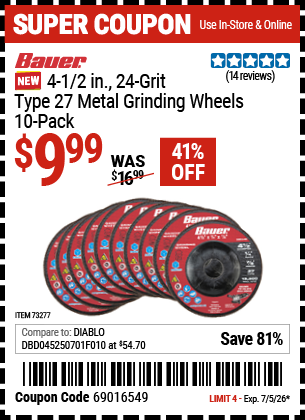 www.hfqpdb.com - BAUER 4-1/2 IN., 24-GRIT, TYPE 27 METAL GRINDING WHEELS, 10-PACK Lot No. 73277
