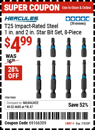 www.hfqpdb.com - HERCULES T25 IMPACT-RATED STEEL 1 IN. AND 2 IN. STAR BIT SET, 8-PIECE Lot No. 70882