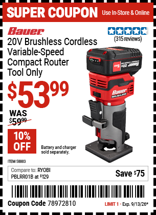 Harbor Freight BAUER 20V BRUSHLESS CORDLESS VARIABLE-SPEED COMPACT ROUTER, TOOL ONLY coupon