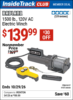 www.hfqpdb.com - BADLAND 1500 LB., 120V AC ELECTRIC WINCH Lot No. 61672/96127