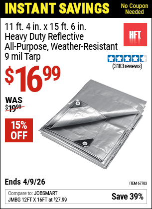 www.hfqpdb.com - HFT 11 FT. 4 IN. X 15 FT. 6 IN. HEAVY DUTY REFLECTIVE ALL-PURPOSE WEATHER-RESISTANT 9 MIL TARP Lot No. 67703