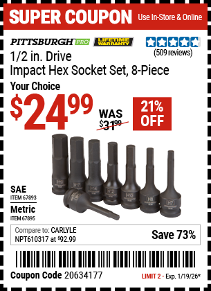 Harbor Freight PITTSBURGH PRO 1/2 IN. DRIVE IMPACT HEX SOCKET SET, 8-PIECE coupon