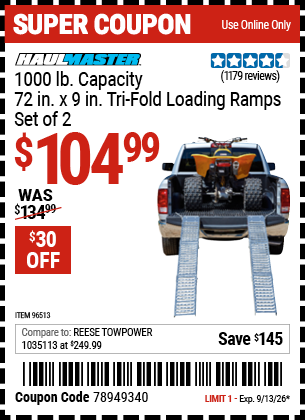 www.hfqpdb.com - HAUL-MASTER 1000 LB. CAPACITY, 72 IN. X 9 IN. TRI-FOLD LOADING RAMPS, SET OF 2 Lot No. 96513