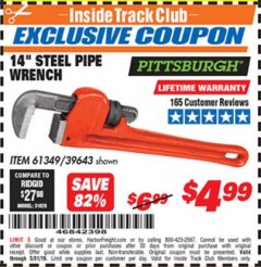 Harbor Freight ITC Coupon 14" STEEL PIPE WRENCH Lot No. 39643/61349 Expired: 5/31/19 - $4.99