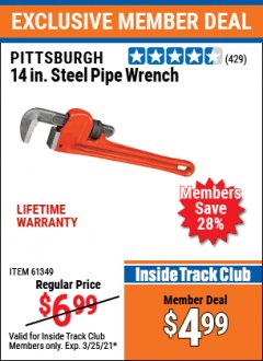 Harbor Freight ITC Coupon 14" STEEL PIPE WRENCH Lot No. 39643/61349 Expired: 3/25/21 - $4.99