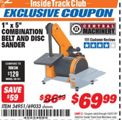 Harbor Freight ITC Coupon 1" BELT AND DISC COMBINATION SANDER Lot No. 34951/69033 Expired: 10/31/19 - $69.99