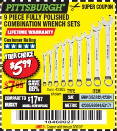 Harbor Freight Coupon 9 PIECE FULLY POLISHED COMBINATION WRENCH SETS Lot No. 63282/42304/69043/63171/42305/69044 Expired: 9/10/18 - $5.99