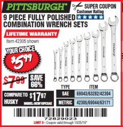 Harbor Freight Coupon 9 PIECE FULLY POLISHED COMBINATION WRENCH SETS Lot No. 63282/42304/69043/63171/42305/69044 Expired: 10/25/18 - $5.99