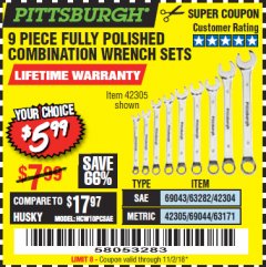 Harbor Freight Coupon 9 PIECE FULLY POLISHED COMBINATION WRENCH SETS Lot No. 63282/42304/69043/63171/42305/69044 Expired: 11/2/18 - $5.99
