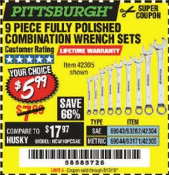 Harbor Freight Coupon 9 PIECE FULLY POLISHED COMBINATION WRENCH SETS Lot No. 63282/42304/69043/63171/42305/69044 Expired: 8/12/19 - $5.99