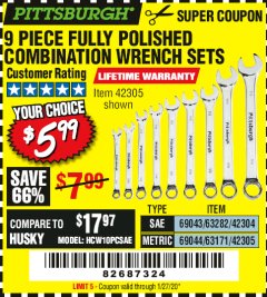 Harbor Freight Coupon 9 PIECE FULLY POLISHED COMBINATION WRENCH SETS Lot No. 63282/42304/69043/63171/42305/69044 Expired: 1/27/20 - $5.99
