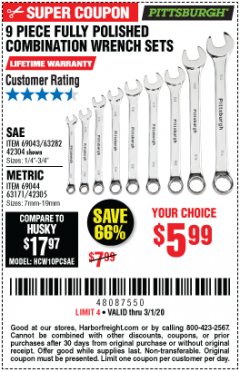 Harbor Freight Coupon 9 PIECE FULLY POLISHED COMBINATION WRENCH SETS Lot No. 63282/42304/69043/63171/42305/69044 Expired: 3/1/20 - $5.99