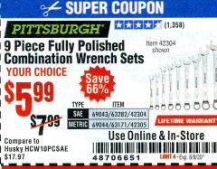 Harbor Freight Coupon 9 PIECE FULLY POLISHED COMBINATION WRENCH SETS Lot No. 63282/42304/69043/63171/42305/69044 Expired: 8/8/20 - $5.99