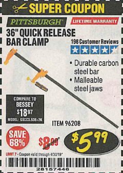 Harbor Freight Coupon 36" QUICK RELEASE BAR CLAMP Lot No. 96208 Expired: 4/30/19 - $5.99