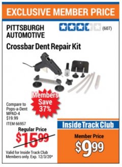 Harbor Freight ITC Coupon CROSSBAR DENT REPAIR KIT Lot No. 66957 Expired: 12/3/20 - $9.99