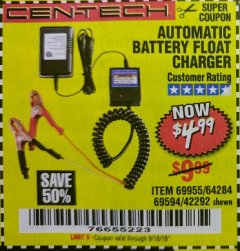 Harbor Freight Coupon AUTOMATIC BATTERY FLOAT CHARGER Lot No. 64284/42292/69594/69955 Expired: 9/18/18 - $4.99