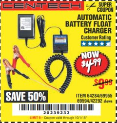 Harbor Freight Coupon AUTOMATIC BATTERY FLOAT CHARGER Lot No. 64284/42292/69594/69955 Expired: 10/1/18 - $4.99