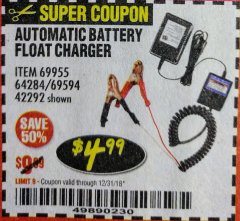 Harbor Freight Coupon AUTOMATIC BATTERY FLOAT CHARGER Lot No. 64284/42292/69594/69955 Expired: 12/31/18 - $4.99