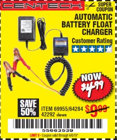 Harbor Freight Coupon AUTOMATIC BATTERY FLOAT CHARGER Lot No. 64284/42292/69594/69955 Expired: 4/6/19 - $4.99